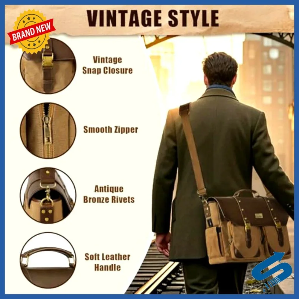 Vintage Messenger Bag with USB Port RFID Blocking Water Resistant Canvas PU